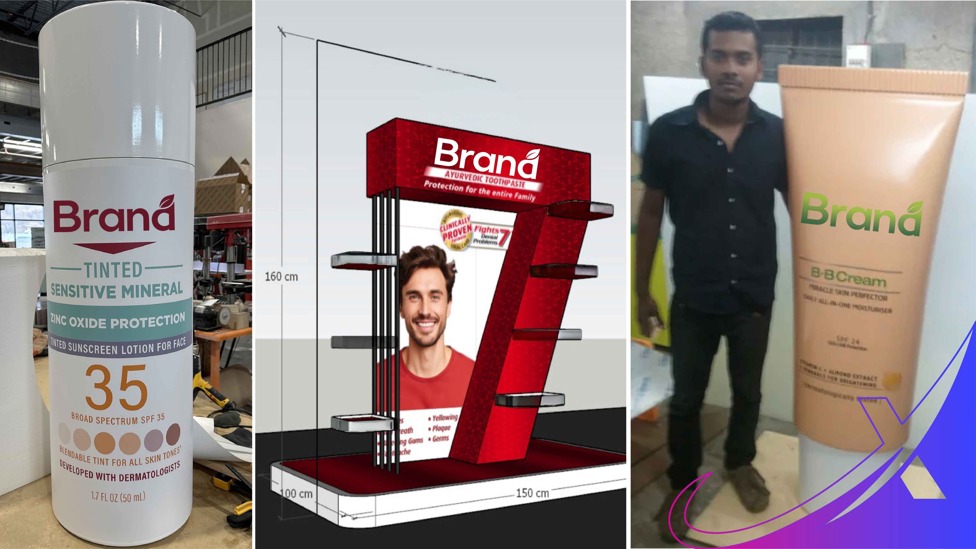Sunscreen display stand and giant product replicas
